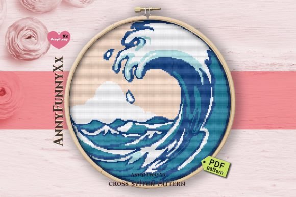 Ocean Cross Stitch Pattern PDF, Blue Waves Embroidery